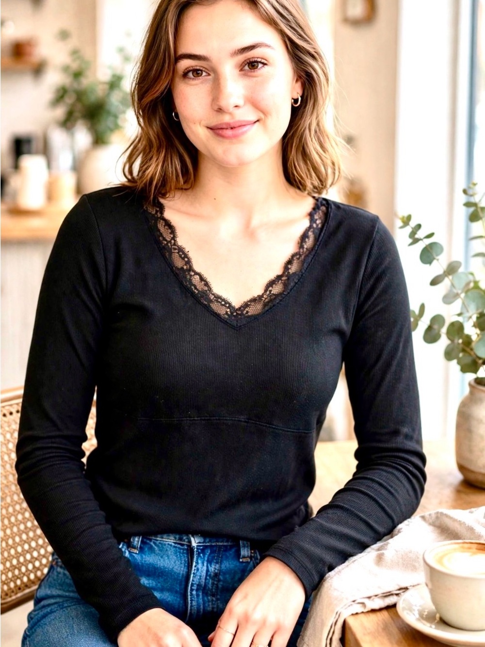 a new day Black Lace-Trim V-Neck Ribbed Long Sleeve Top - XL NWT